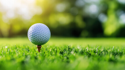 Obraz premium Golf ball on a tee with a blurred green grass background, banner design with copy space