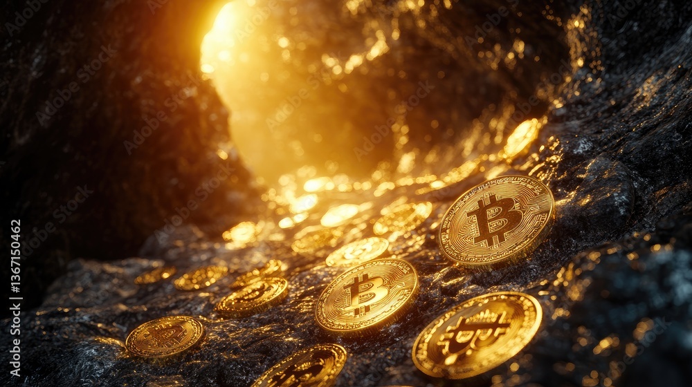 Poster golden bitcoin coins are scattered throughout a dimly lit cave, casting a mysterious glow that evoke