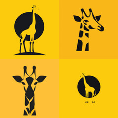 Fototapeta premium Giraffe vector silhouettes in minimalist flat design, elegant wildlife illustrations with geometric shapes and sun elements, perfect for logos, branding, and digital art.
