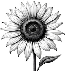 Fototapeta premium Monochrome Sunflower Illustration, Detailed Center, Transparent Background