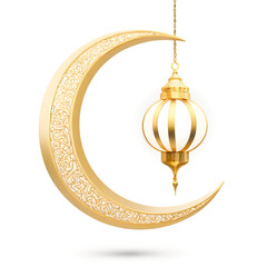 A high-quality transparent PNG of a golden crescent moon with an ornate lantern, symbolizing Ramadan and Eid. Perfect for Islamic festive designs, decorations, and digital artwork.