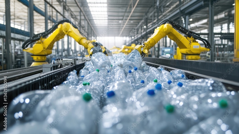 Poster robotic arms in a modern factory carefully sorting plastic bottles on a conveyor belt, showcasing cu