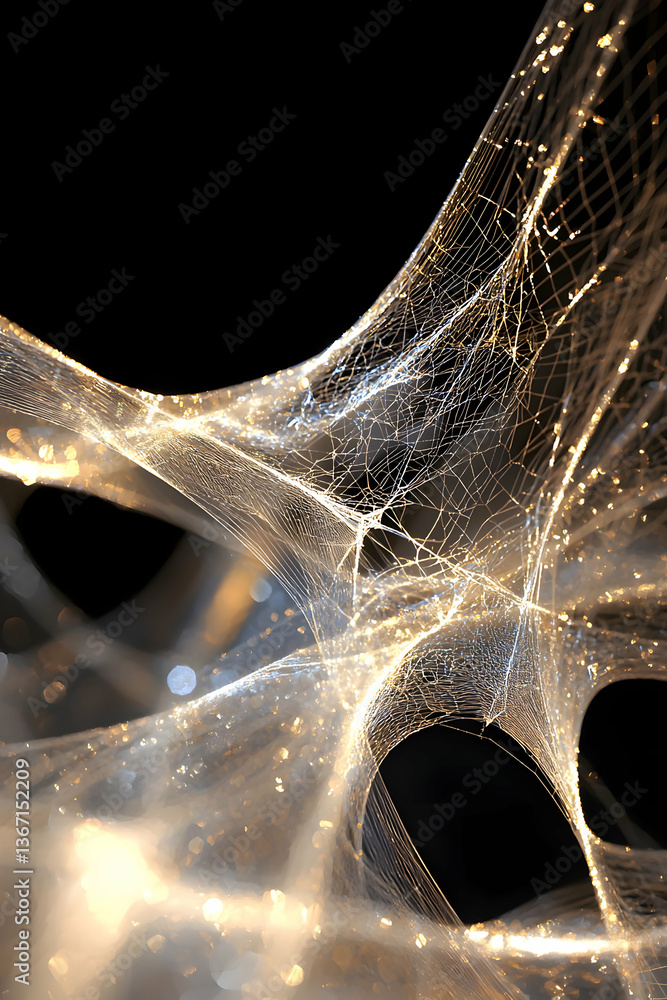 Poster abstract golden mesh network with glowing particles on dark background