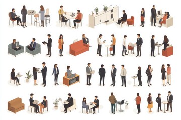 Isomeric business people big  set. Business men and women. Teamwork, cooperation, coworking. Workspace.  characters isolated on white