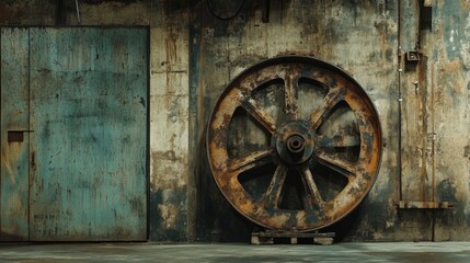 Obraz premium The beauty of industrial history is showcased as an antique flywheel with industrial patina contrasts sharply with a contemporary, minimalistic backdrop