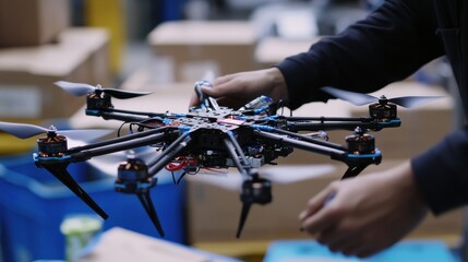 A technician assembling a drone for delivery services, warehouse background with drones and packaging materials, Drone-tech style