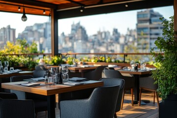 Restaurant terrace roof with tables and chairs overlooking the cityscape and skylines background. High quality photo