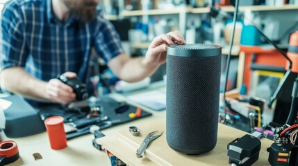 Fototapeta premium A technician assembling a smart speaker, home office background with smart home devices and tools, Home-tech style