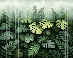 Tropical Forest Foliage Greenery Lush Plants in Rainy Ambiance Serene Nature Watercolor Artwork