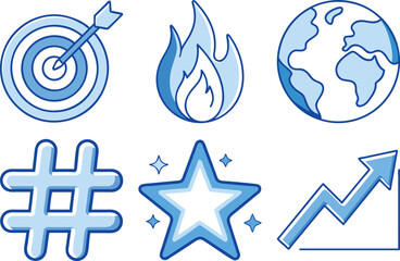 Icon Set with Target, Fire, Globe, Hashtag, Star, and Growth Arrow in Blue Outline Style