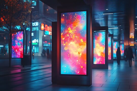 Digital promotional board in a vibrant, urban setting with glowing, dynamic animations