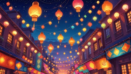 Fototapeta premium Street decorated with colorful lanterns and lights during a festive night with buildings and starry sky