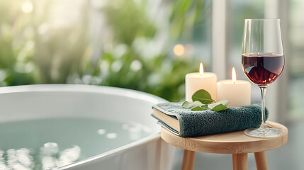 Relaxing spa experience with freestanding bathtub cozy bathroom lifestyle imagery serene environment intimate viewpoint tranquility concept