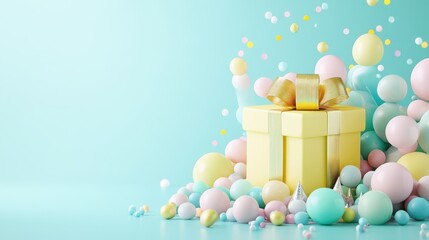 Gift Box Delight: A pastel-colored gift box with a golden ribbon is surrounded by a cascade of vibrant, soft-hued spheres, creating a sense of celebration, surprise, and joy.