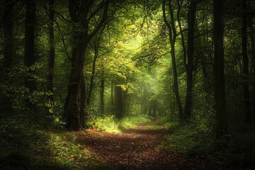 Obraz premium Serene forest path illuminated by sunlight through lush green foliage