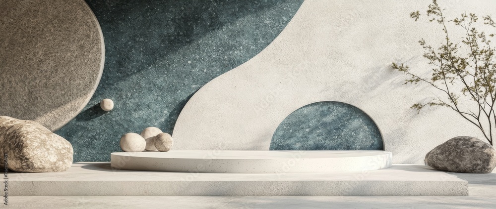 Poster modern minimalistic design showcasing circular platform with natural stones and soft light in serene