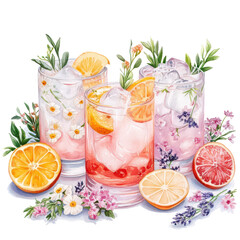 Floral Infusion: watercolor painting of a collection of refreshing cocktails, adorned with fresh fruit and flower.