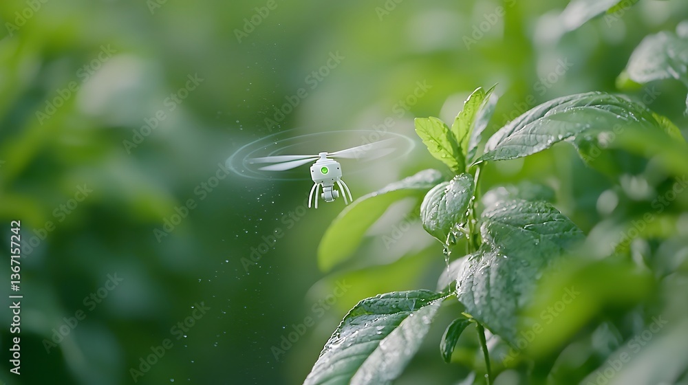 Poster a cutting edge ai powered drone precisely spraying water on plants in a futuristic high tech agricul