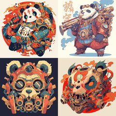 Fototapeta premium Epic panda illustrations in steampunk armor with mechanical weapons and fantasy elements. Great for posters, games, t-shirt designs, sci-fi art, and character concept development.