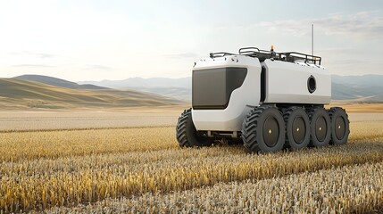 Obraz premium Autonomous robotic harvester efficiently collecting grains in an expansive agricultural field showcasing the of advanced technology and sustainable farming practices