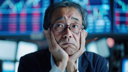 A worried businessman looking at financial data on screens.