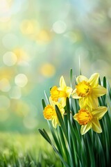 Fototapeta premium Vibrant daffodils in bloom against a lush spring background for seasonal design. Yellow spring background. Bokeh effect. Vertical banner. Copy space