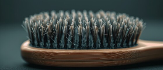 Hairbrush with fine bristles on a wooden handle against a dark background.