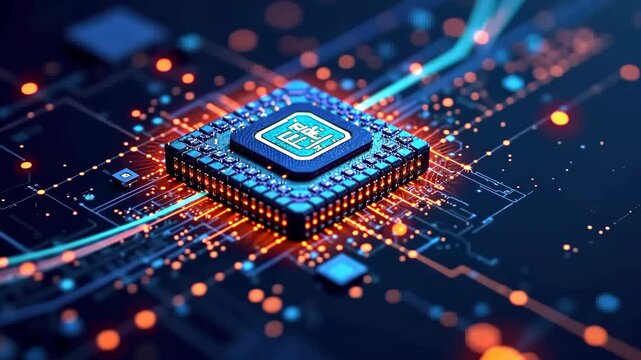 Close-up of a microchip with good lighting. Electronic chip, teacher close-up in good light. Technological background. Generative 4k video.