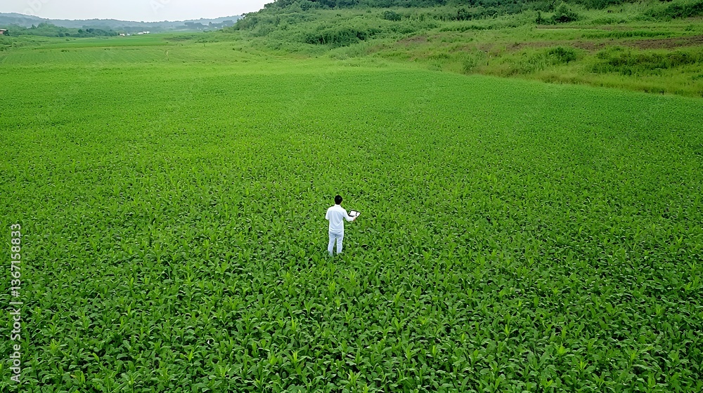 Poster a farmer standing in an agricultural field using a smart tablet device to analyze real time data abo