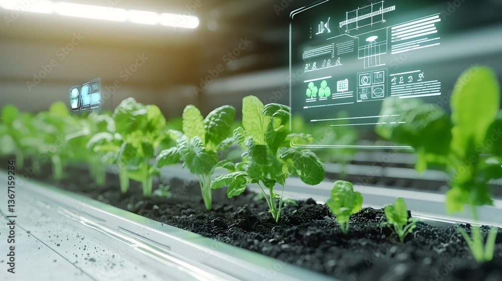 Poster futuristic farm control room showcasing holographic crop management interfaces enabling precision ag