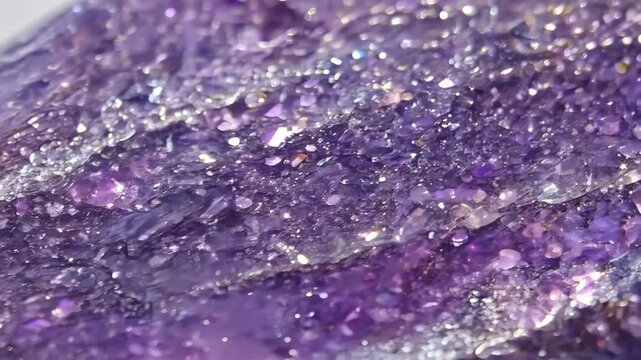 Close-up of a sparkling purple Sugilite amethyst crystal cluster with various shades of violet and lavender, showcasing its natural beauty and intricate details.