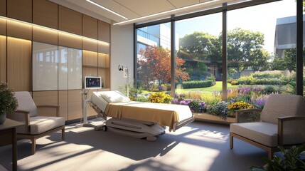 Modern hospital room with garden view, medical equipment, and comfortable seating