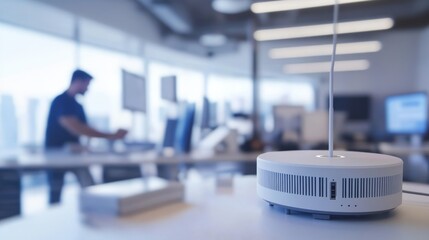 A technician setting up an IoT device in a smart office, office environment with smart devices and network hubs, IoT-tech style