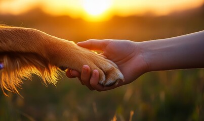Dog is giving paw to its owner on park at sunset - Love between humans and animals concept