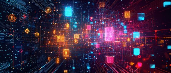 Fototapeta premium Futuristic blockchain network with glowing data nodes in vibrant cyberspace illustration