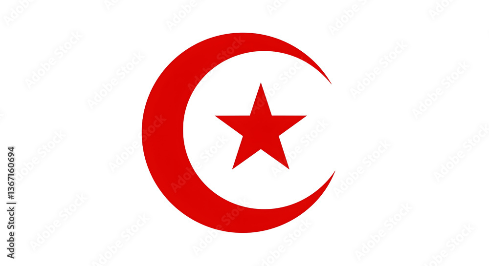 Poster a red crescent moon and star symbol on a black background with white pixelated edges around the shap