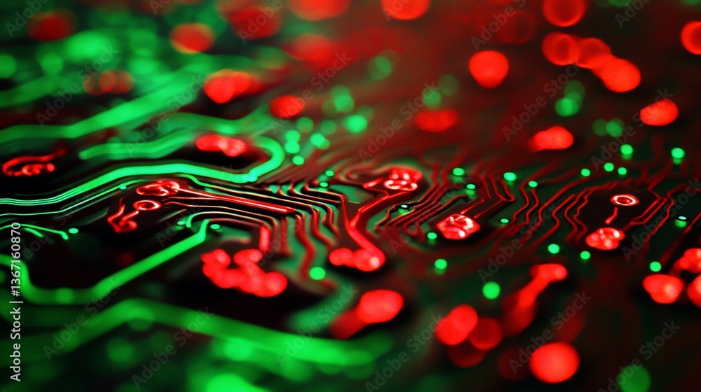 Poster close-up of illuminated circuit board with red and green traces.