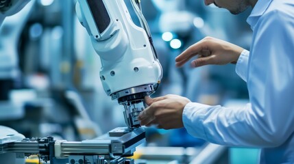 A technician working on a robotic arm in a factory, industrial background with production lines and heavy machinery, Industrial-tech style