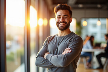 Fototapeta premium Confident Entrepreneur Smiling in Modern Office with natural sunlight streaming through large windows
