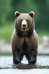 Obraz premium Large brown bear standing in shallow water, facing camera.