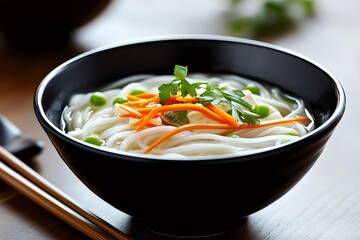 Close up of a bowl of vietnamese pho soup with noodles, tofu, carrots, peas and cilantro
