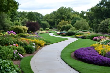 Obraz premium Winding path meandering through vibrant flowerbeds in a lush garden