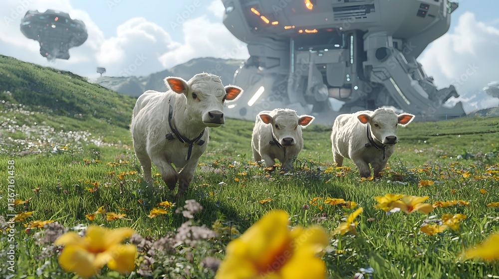 Aufkleber futuristic ai assisted cattle farm ensuring ethical and sustainable farming practices with advanced 