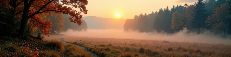 Obraz premium Sun-drenched fog in a colorful autumn woodland, wide shot , sunlight, fog