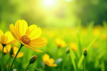 Obraz premium Vibrant yellow buttercups fill sunny meadow background, sun, pattern