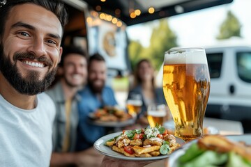 Food truck cuisine gourmet beer Happy man enjoying food and drink with friends at a food truck.