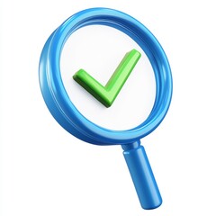 Blue magnifying glass with green check mark, confirming a solution