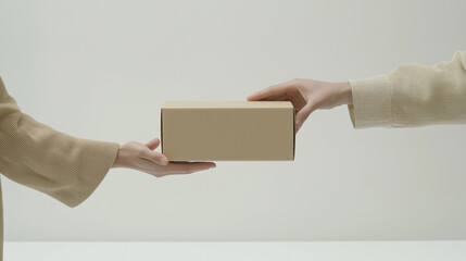 Two people exchanging cardboard box, hands reaching out