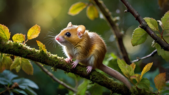 A tiny hazel dormouse clings to a delicate branch ai