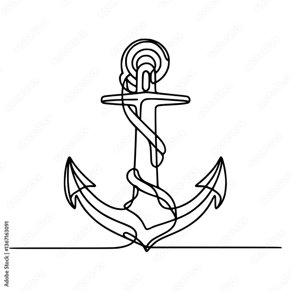 Poster continuous line drawing of an anchor with rope on transparent background